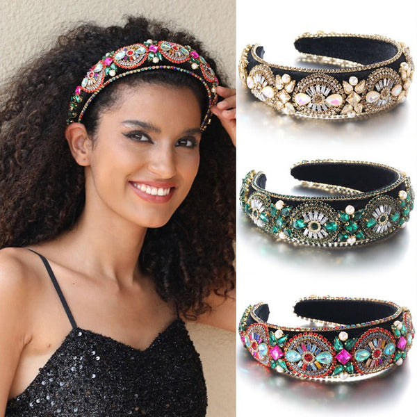 Super Sparkling Colored Diamond Pearl Baroque Retro Women's Sponge Head Hoop