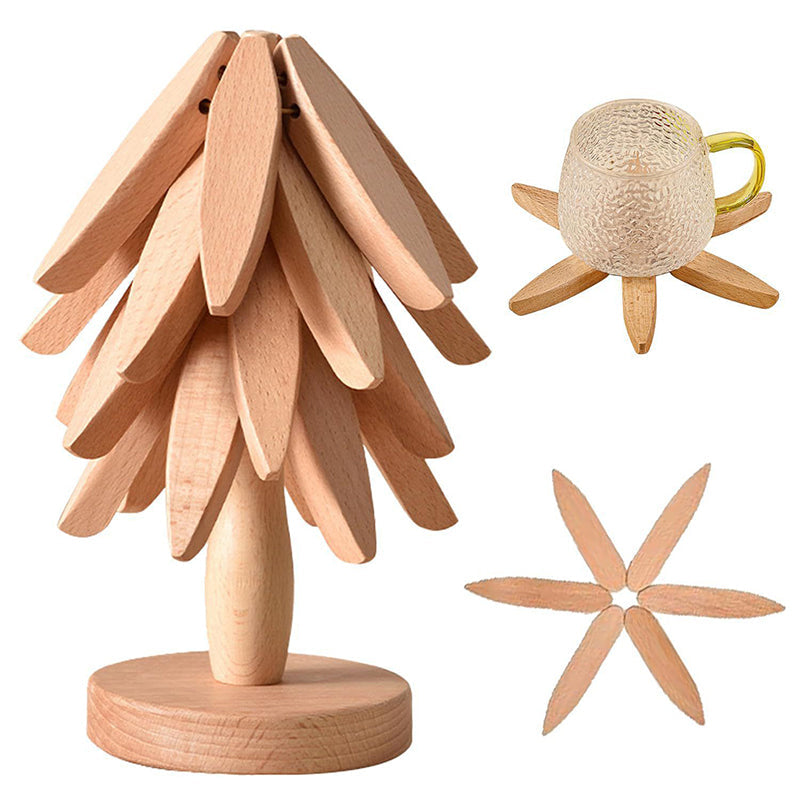 A set of tree - shaped wooden items including 4 trivets for hot dishes, pots, and pans, along with 1 stand.
