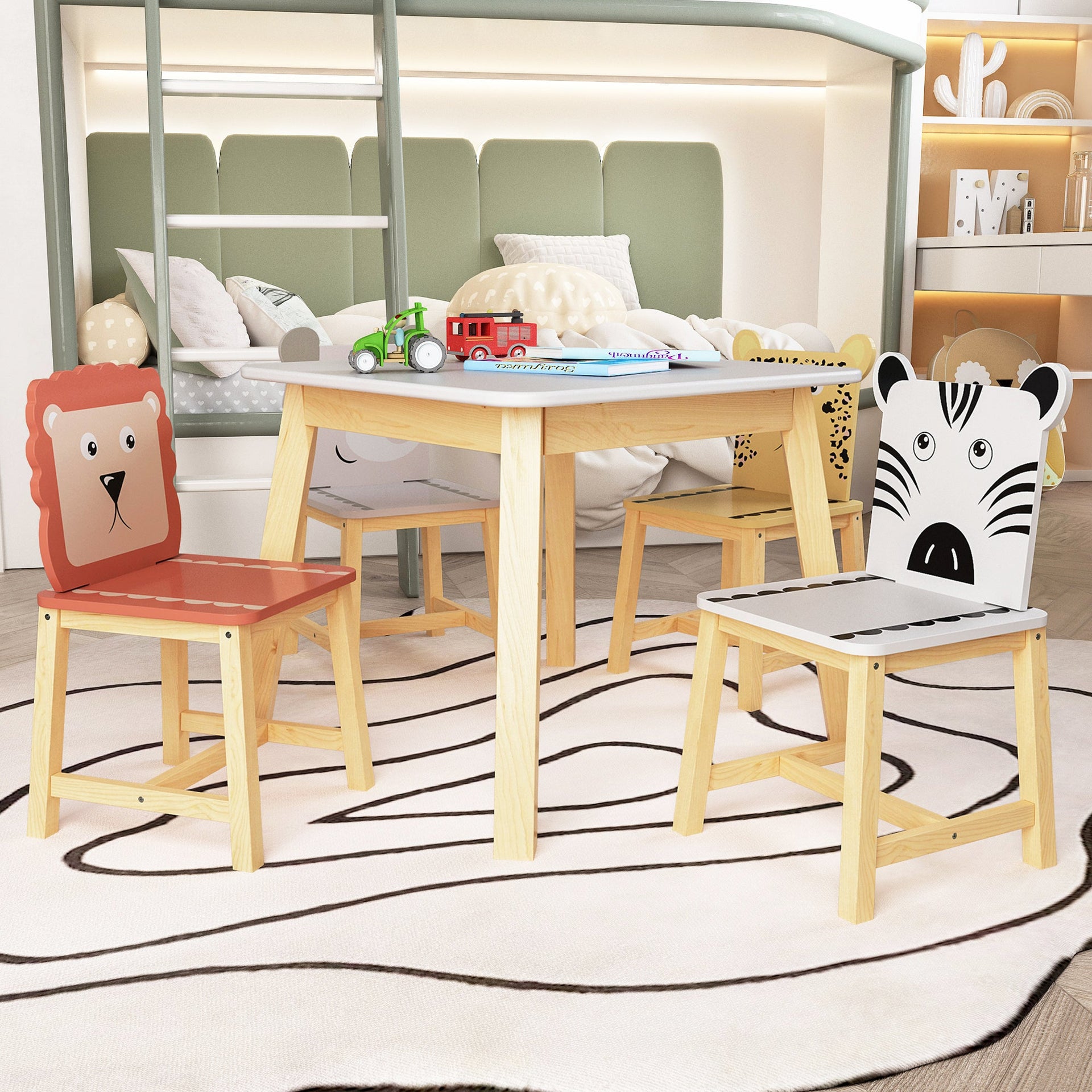 5 Piece Kiddy Table and Chair Set  Kids Wood Table with 4 Chairs Set Cartoon Animals (bigger table) (3-8 years old)