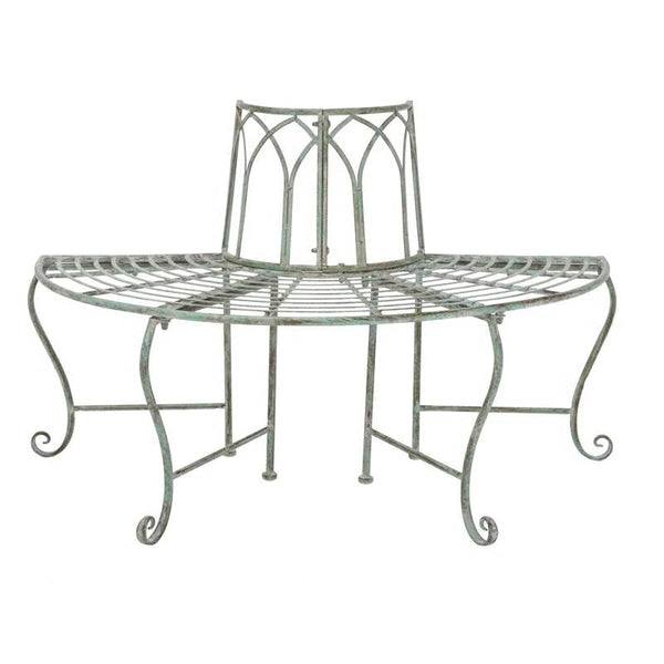 Half-Circle Outdoor Patio Garden Wrought Iron Tree Bench in Antique Green