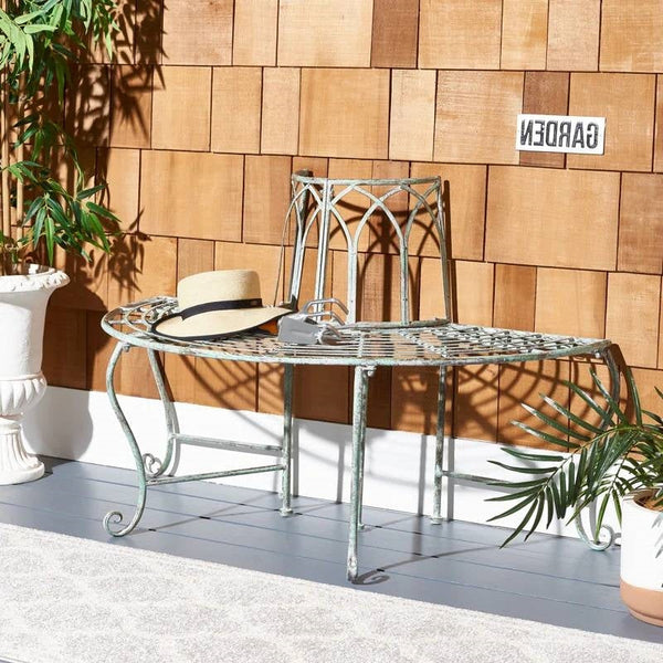 Half-Circle Outdoor Patio Garden Wrought Iron Tree Bench in Antique Green