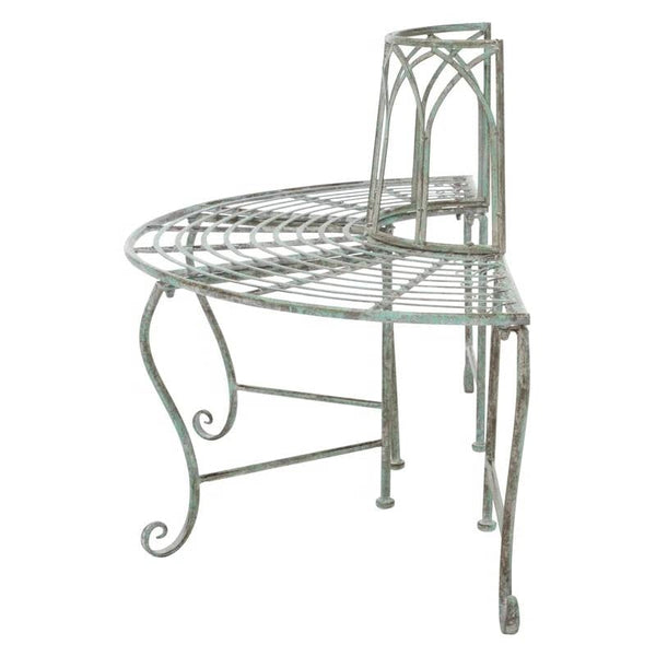 Half-Circle Outdoor Patio Garden Wrought Iron Tree Bench in Antique Green