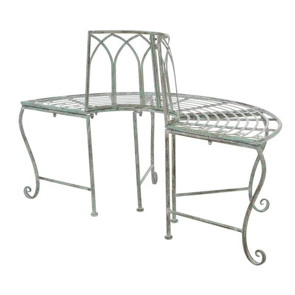 Half-Circle Outdoor Patio Garden Wrought Iron Tree Bench in Antique Green