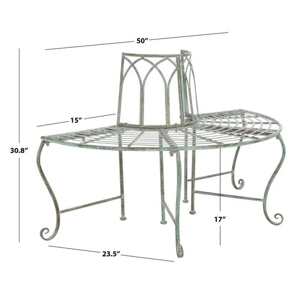 Half-Circle Outdoor Patio Garden Wrought Iron Tree Bench in Antique Green