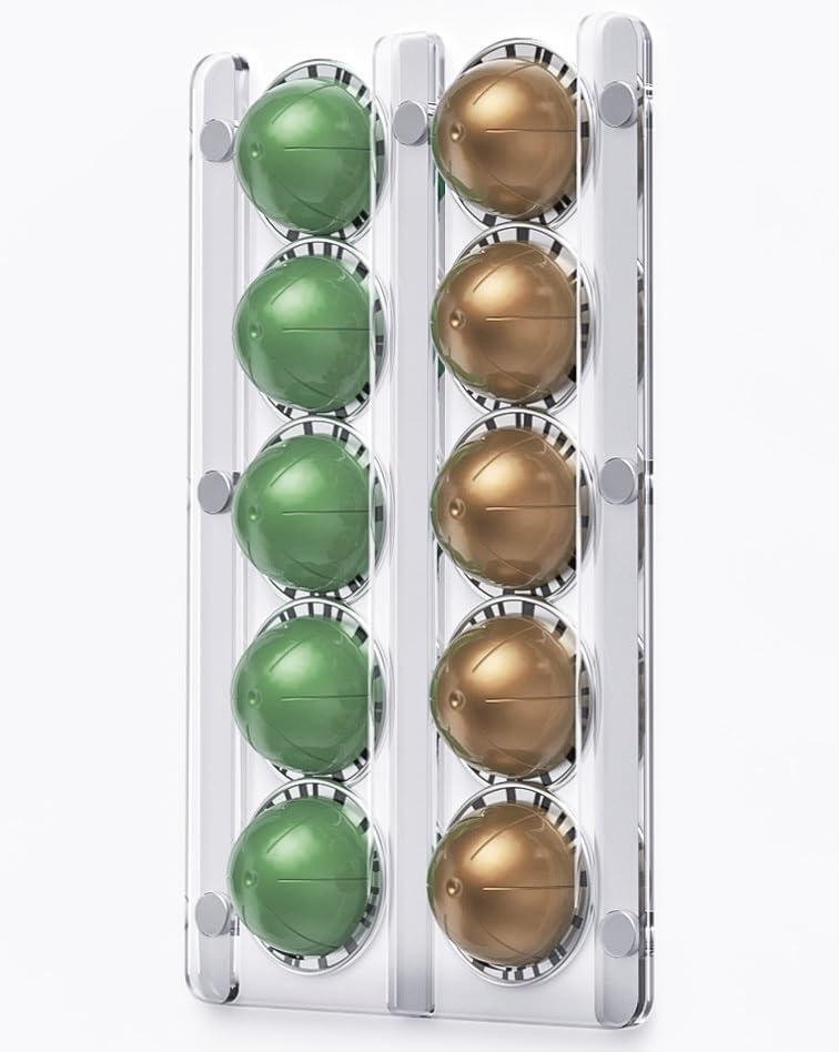 Magnetic 10 Pod Holder, Compatible with Nespresso Vertuo Capsules - Storage Organizer Rack Mount for Fridge, Coffee Station (Clear Acrylic)
