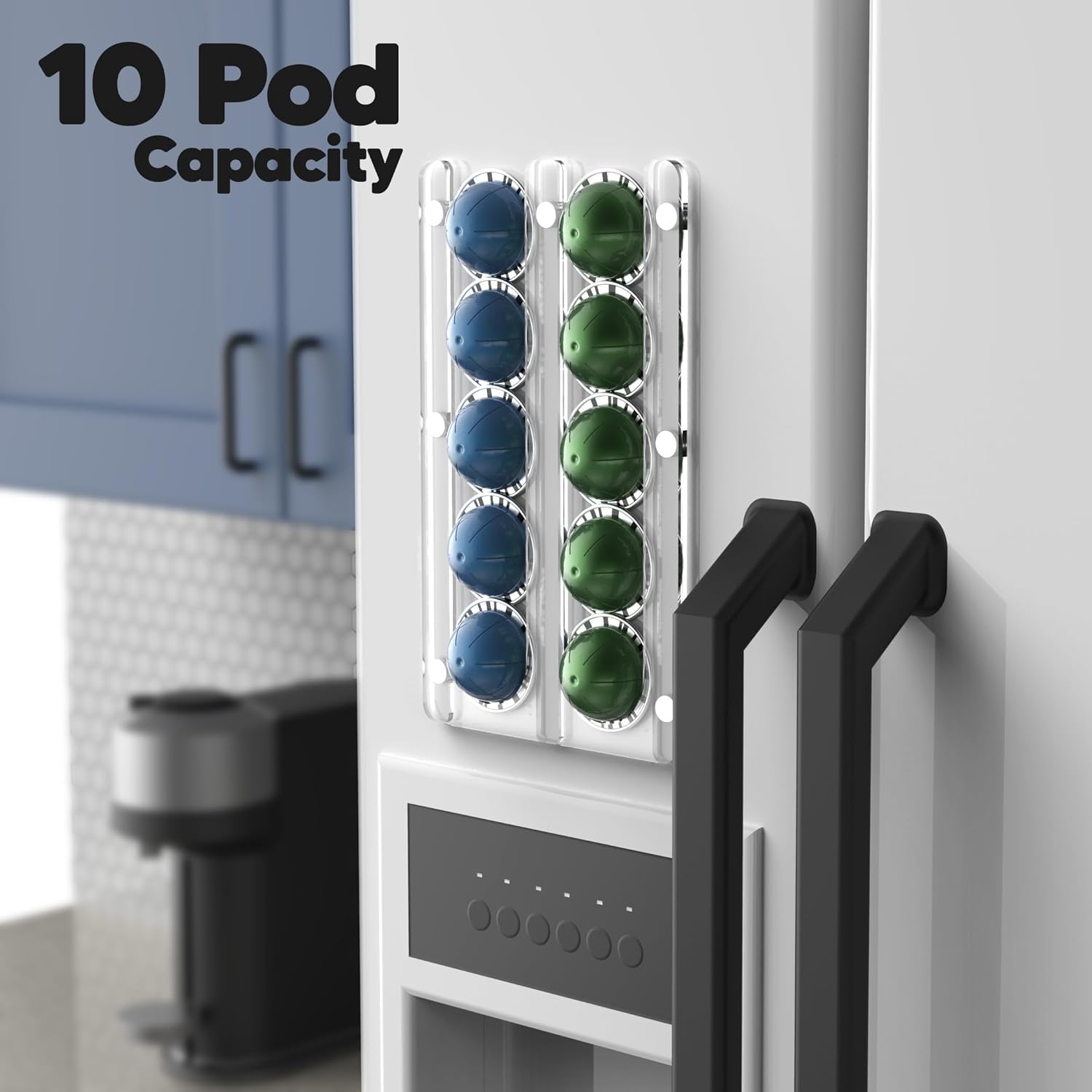 Magnetic 10 Pod Holder, Compatible with Nespresso Vertuo Capsules - Storage Organizer Rack Mount for Fridge, Coffee Station (Clear Acrylic)