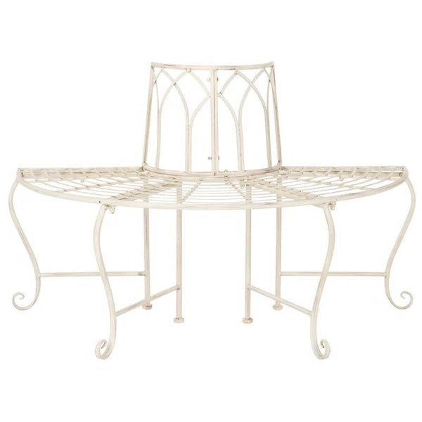 Half-Circle Outdoor Patio Garden Antique White Wrought Iron Tree Bench