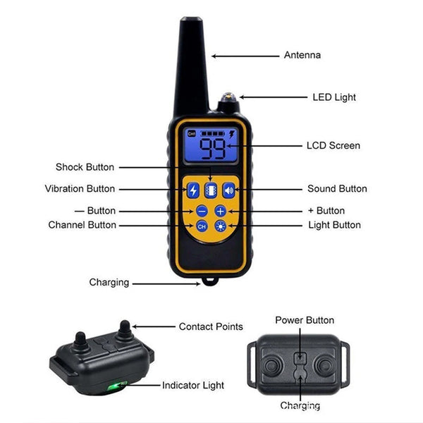 Dog training supplies - bark control device. The collar features electric shock and vibration for training.
