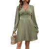 V-Neck Long Sleeve Solid Color Pleated Elegant Women's Dress