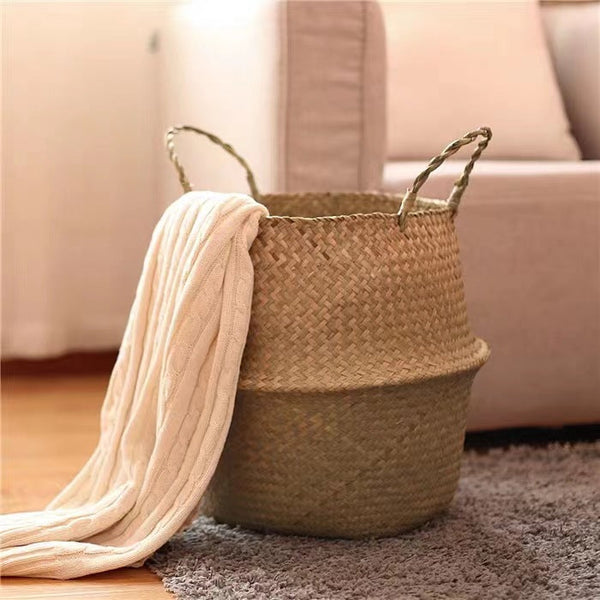 Scandinavian Style Wicker Handbasket Flower Pot Rattan Weave Plant Grass Woven Floor Folding Wicker Basket Weaving