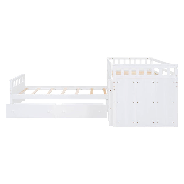 L-shaped Space-Saving Twin Loft and Twin Platform Bed with 7 Drawers and Full Guardrails(WHITE)