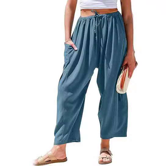 European and American women's elastic waisted pleated high waisted wide leg loose Haren cotton linen pants