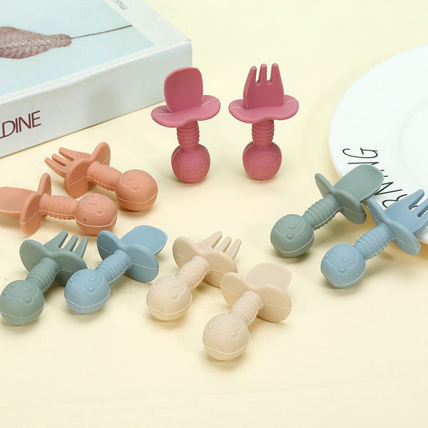 Licking Spoon for Baby Learning to Eat Training Spoon Short Handle Baby Supplementary Food Silicone Soft Spoon Fork Spoon Tableware 2-piece Set