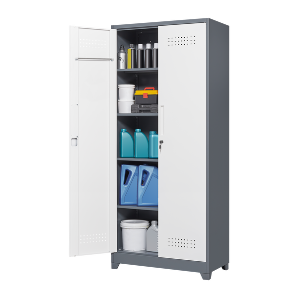 Metal storage cabinets, lockable cleaning tool cabinets, high broom tool organizers, and large storage cabinets in storage store