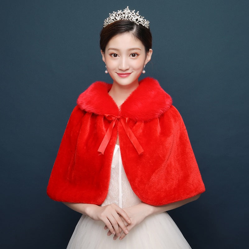 Bride's wedding dress fur shawl women's warm white cloak cheongsam jacket red cloak
