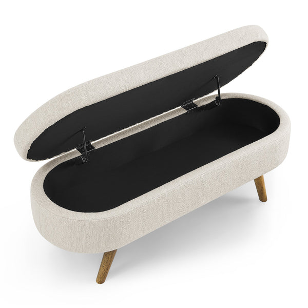Ottoman Oval Storage Bench Rubber Wood Legs Beige(43.5