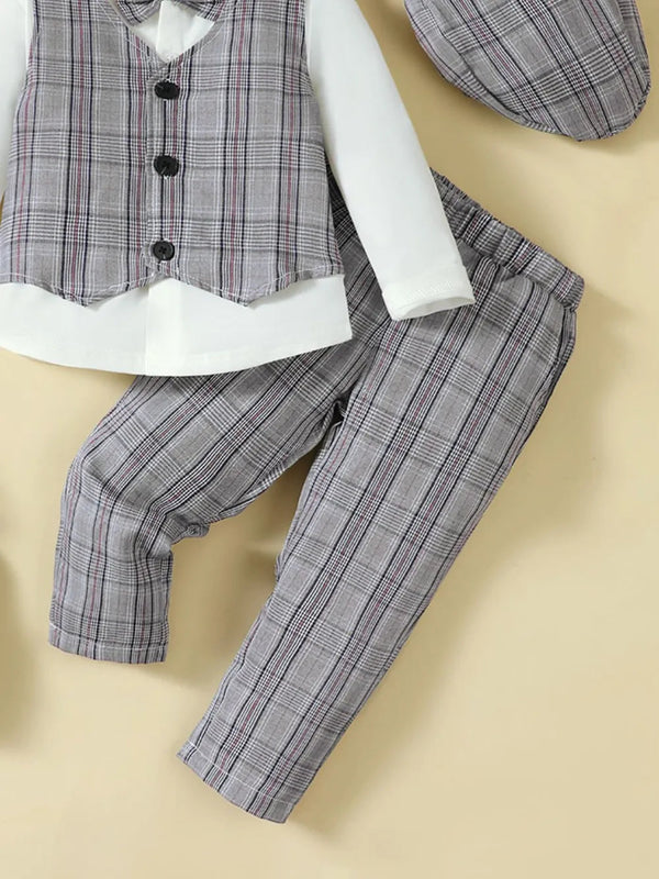 Hat, Long Sleeve Shirt, Plaid Vest and Pants 4-Piece Set