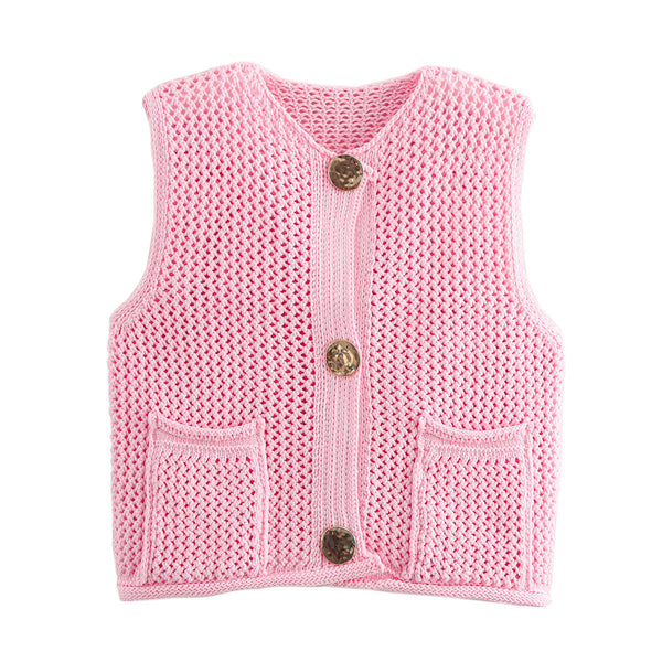 Street Fashion Crochet Hollow Vest Solid Color Versatile Round Neck Jacket