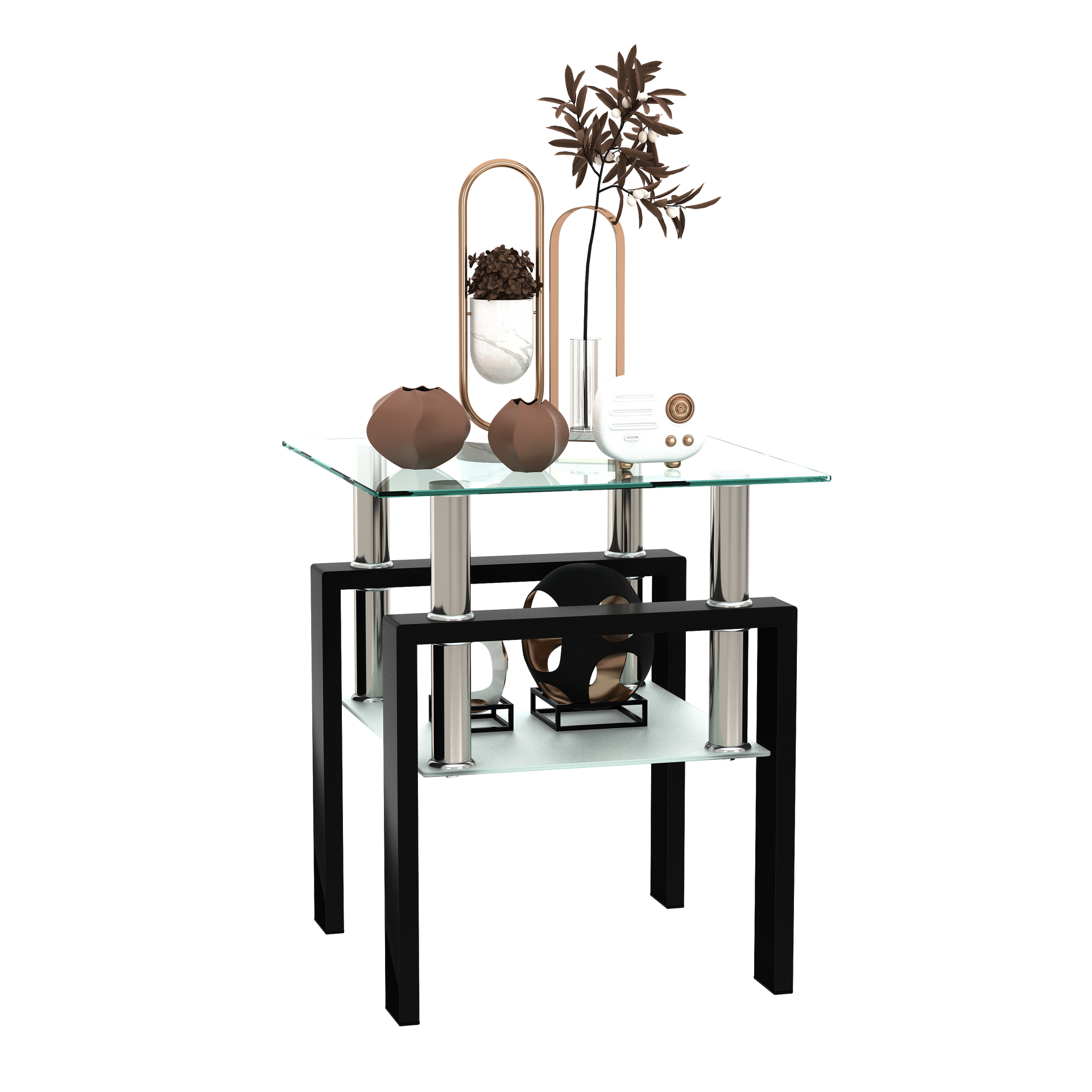 1-Piece Modern Tempered Glass Tea Table Coffee Table End Table, Square Table for Living Room, Transparent/Black