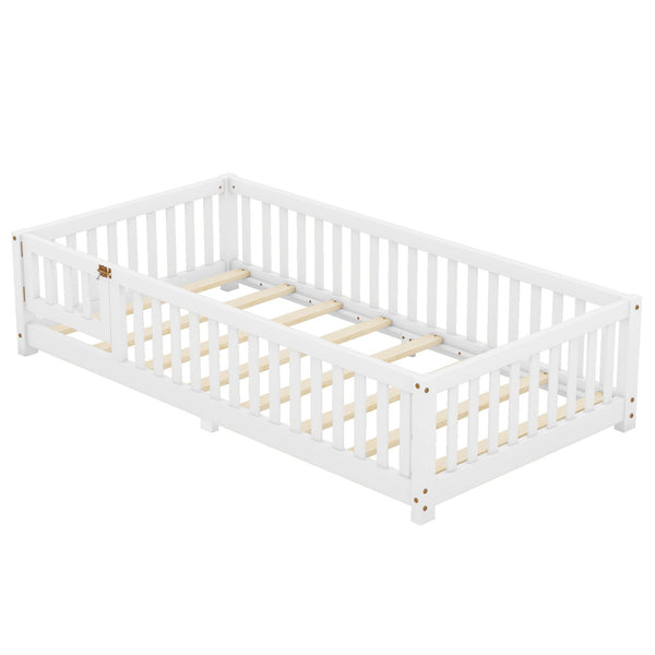 Twin Size Bed Floor Bed with Safety Guardrails and Door for Kids, White