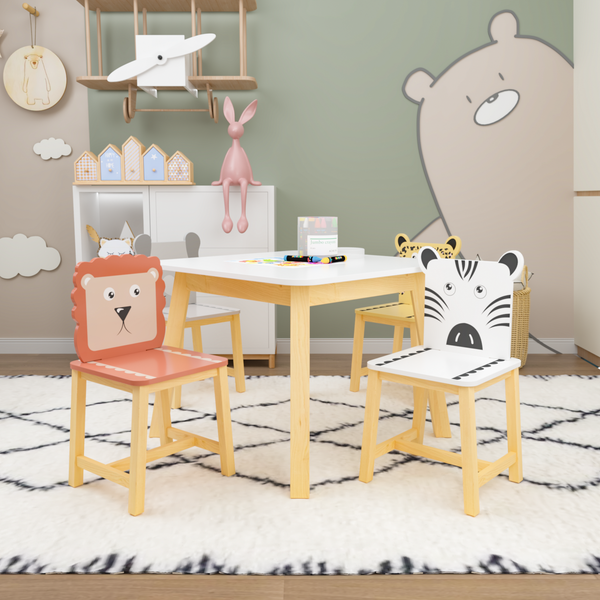 5 Piece Kiddy Table and Chair Set  Kids Wood Table with 4 Chairs Set Cartoon Animals (bigger table) (3-8 years old)