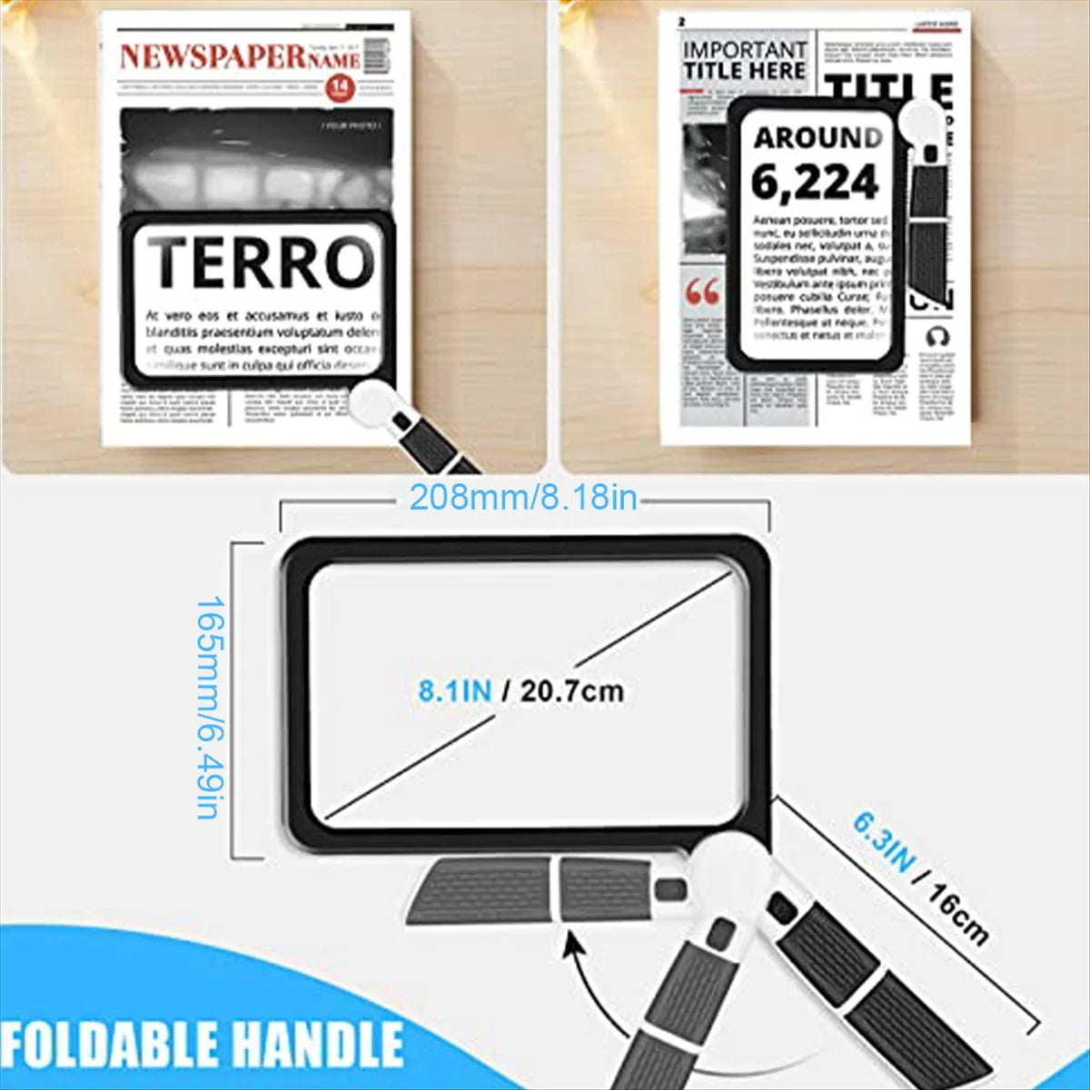 Full-Page 5X Magnifying Glass for Reading, Folding Lighted Magnifier with 48 LED Lights, Rectangular Handhold Magnifier