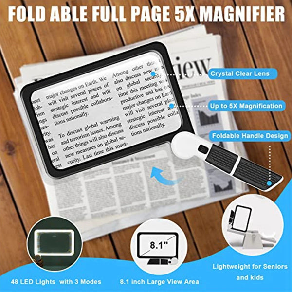 Full-Page 5X Magnifying Glass for Reading, Folding Lighted Magnifier with 48 LED Lights, Rectangular Handhold Magnifier
