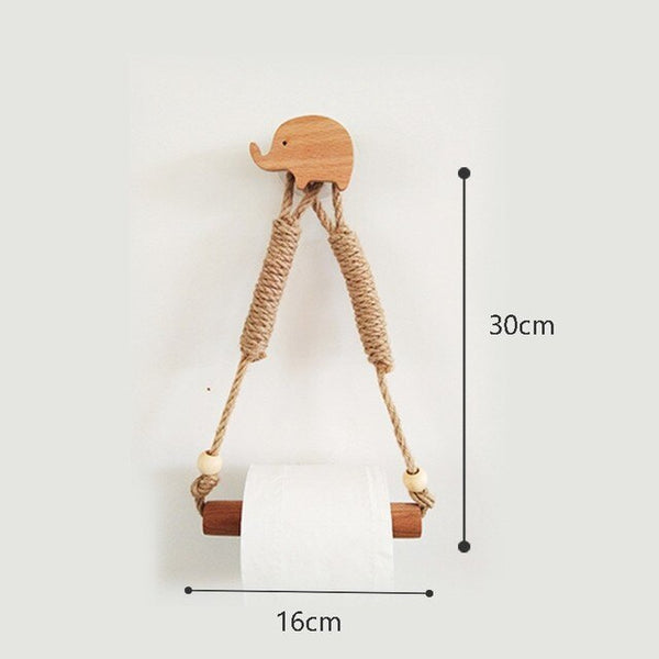 Nordic Indoor Wooden Solid Wood Hemp Rope Animal Tissue Holder Children's Room Decoration Wall Hanger Hemp Rope Hook Toilet Paper Holder