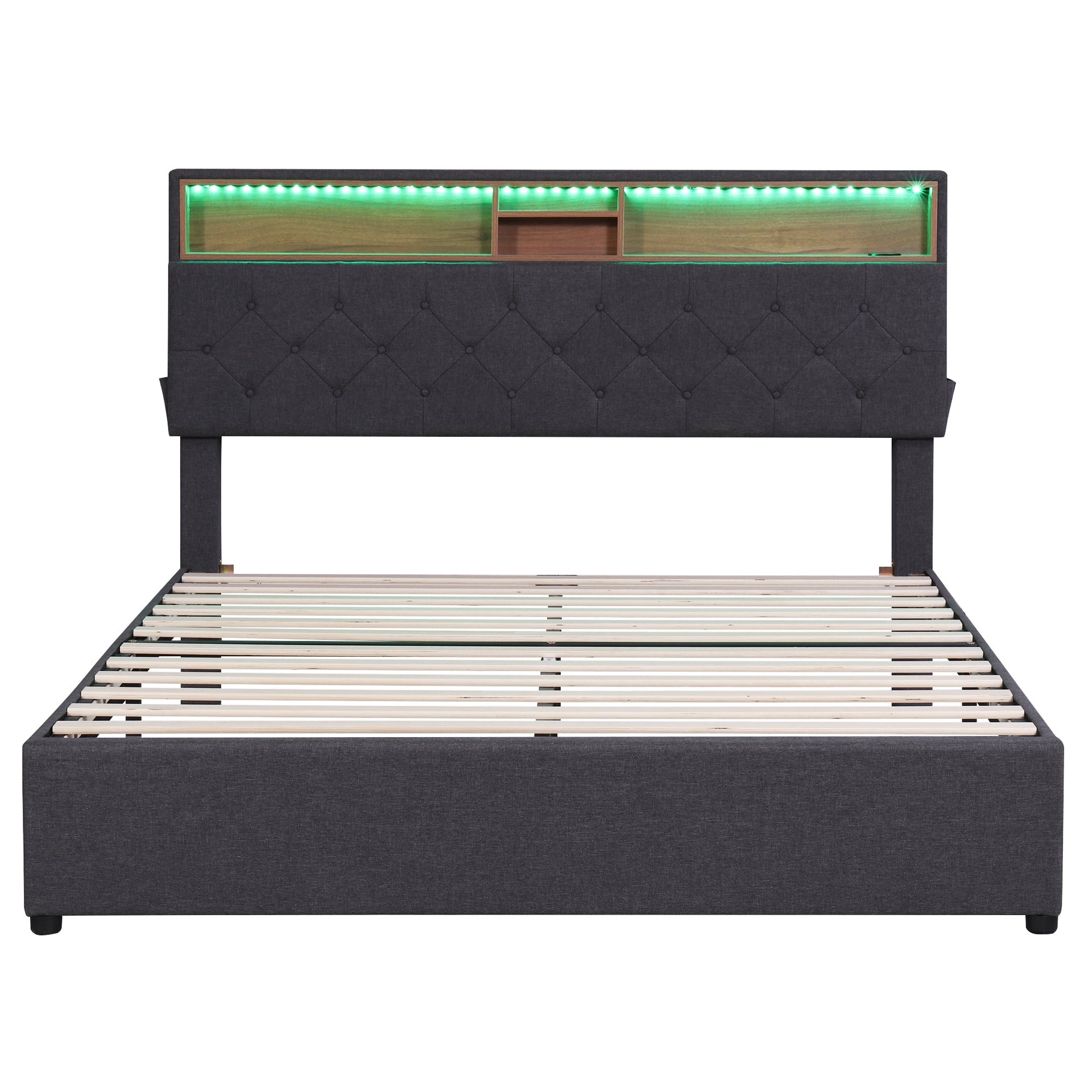 Queen Size Upholstered Platform Bed with Storage Headboard, LED, USB Charging and 2 Drawers Dark Gray