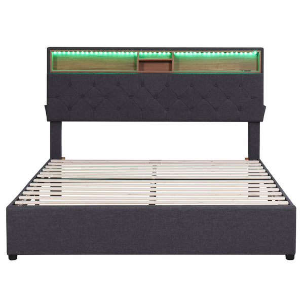 Queen Size Upholstered Platform Bed with Storage Headboard, LED, USB Charging and 2 Drawers Dark Gray