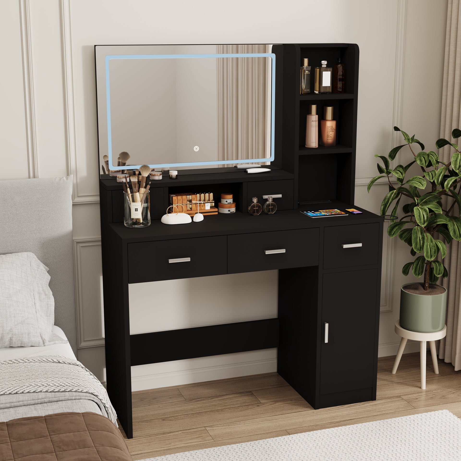Smart mirror dressing table with drawers and storage cabinets