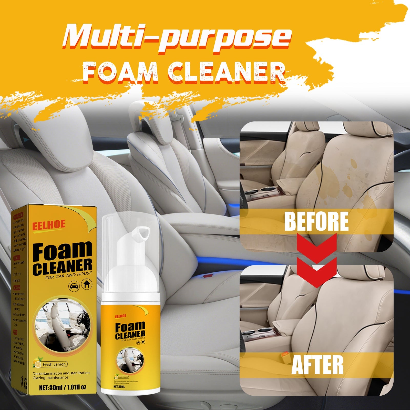 Foam Cleaner, Leather Seat Supplies Decontamination Multi-Functional Interior Cleaner