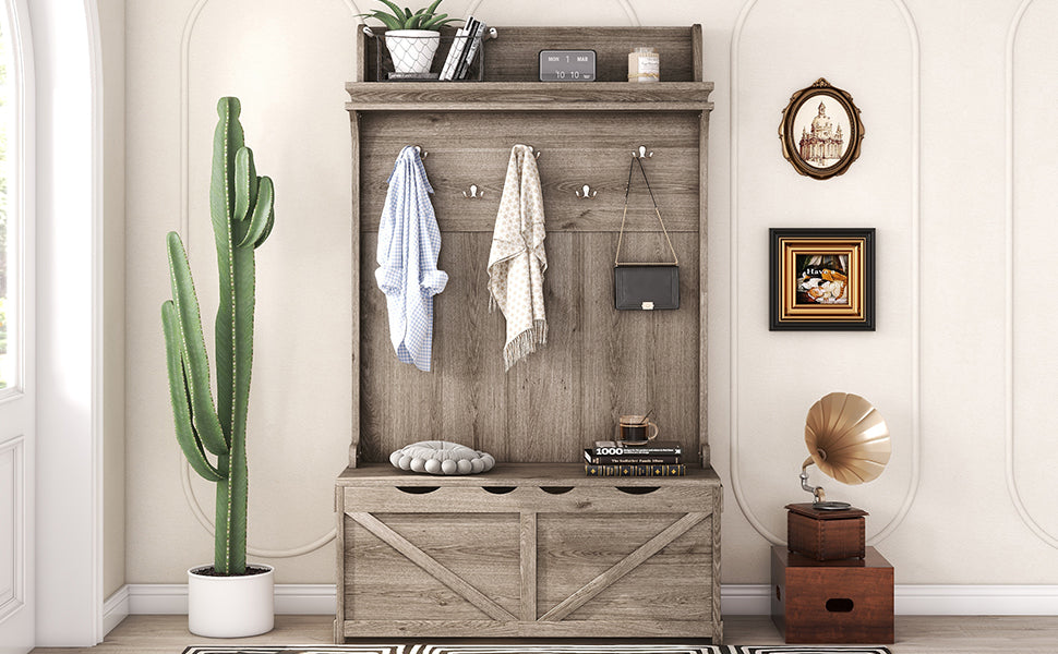 Hall tree with storage desk, entrance desk with drawers and 5 hooks, display rack,Oak