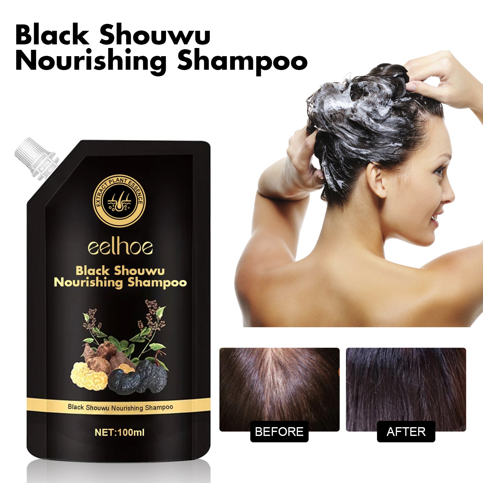 Black Ganoderma Multiflorum Shampoo Natural Black Hair Thick Moisturizing Scalp Soft Wash