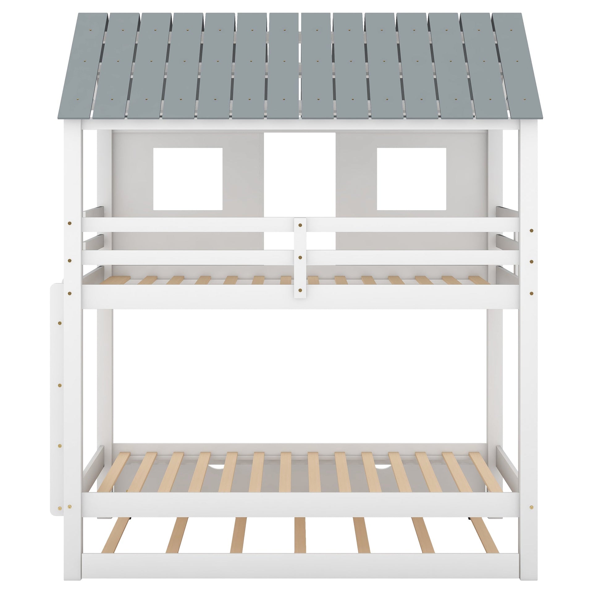 House Bunk Bed with Trundle,Roof and Windows White