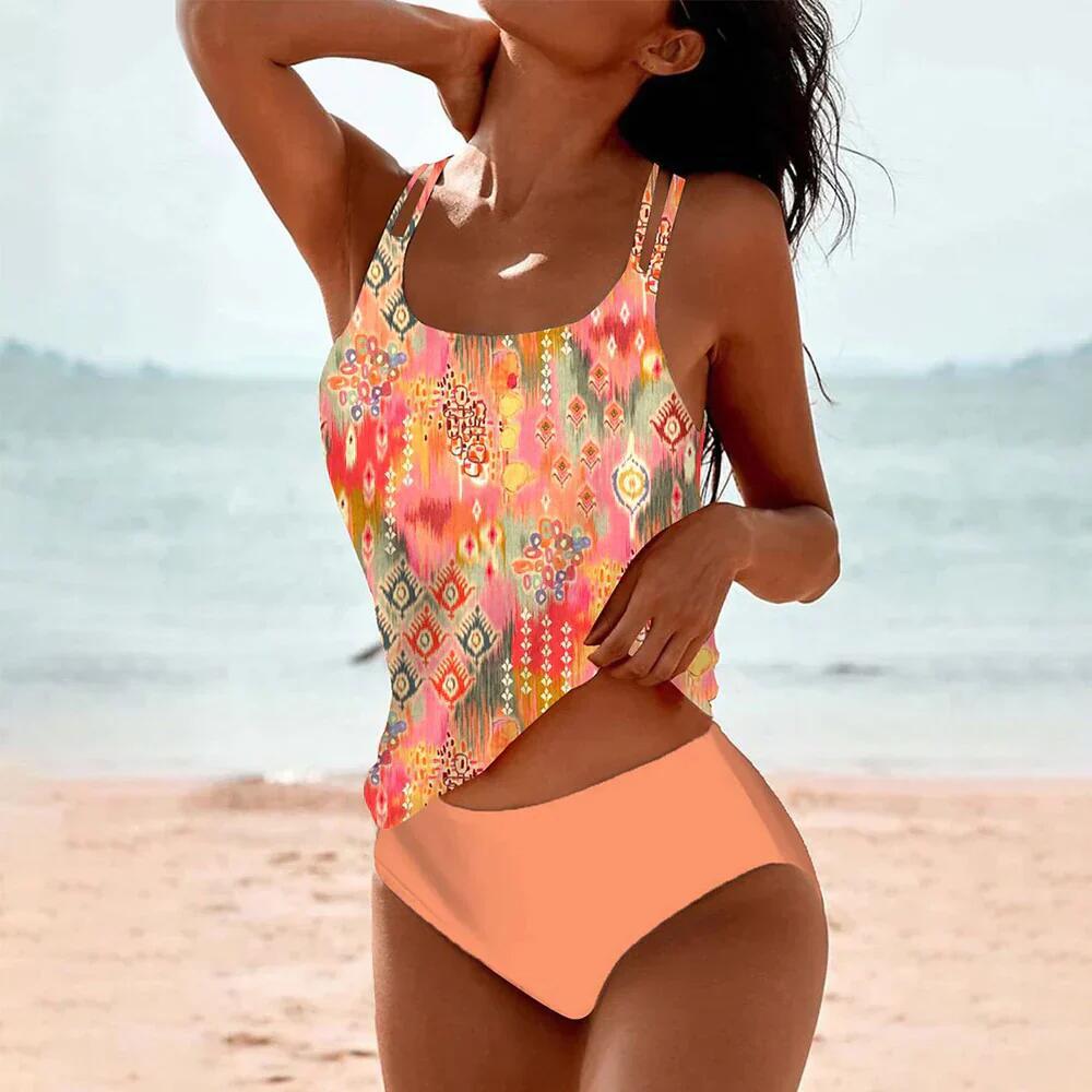 Digital Printed Shoulder Strap Tankini High Waist Triangle Pants Split Swimsuit for Women