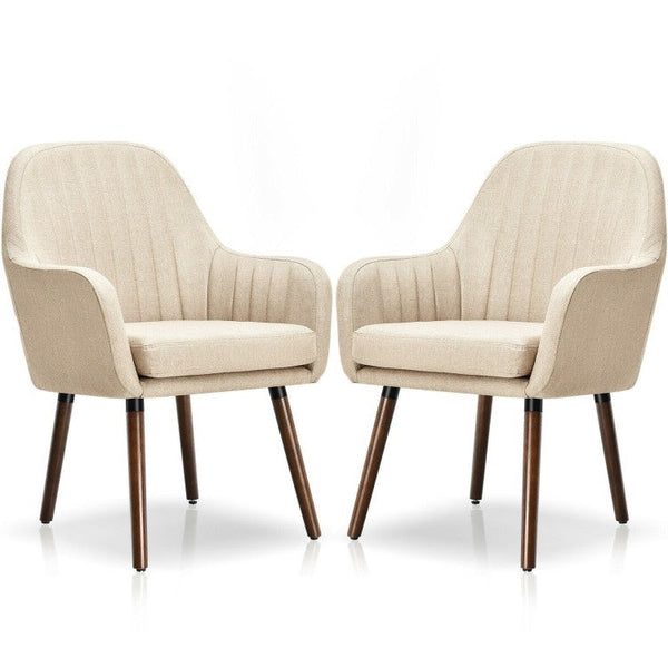 Set of 2 Retro Off-White Linen Upholstered Accent Chair with Stylish Wood Legs