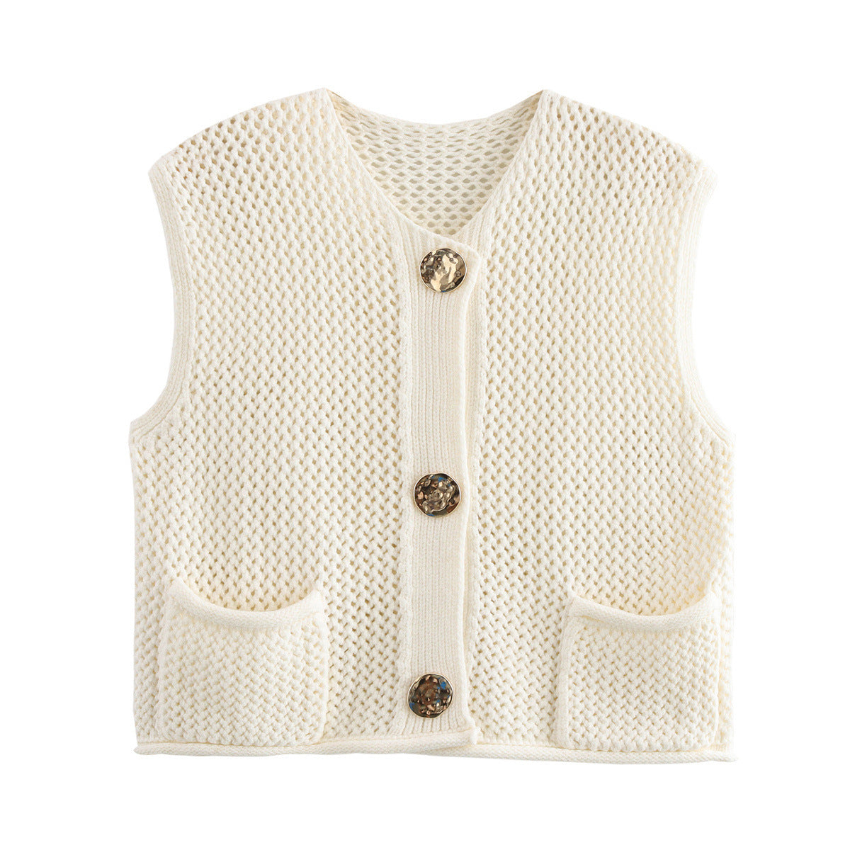 Street Fashion Crochet Hollow Vest Solid Color Versatile Round Neck Jacket
