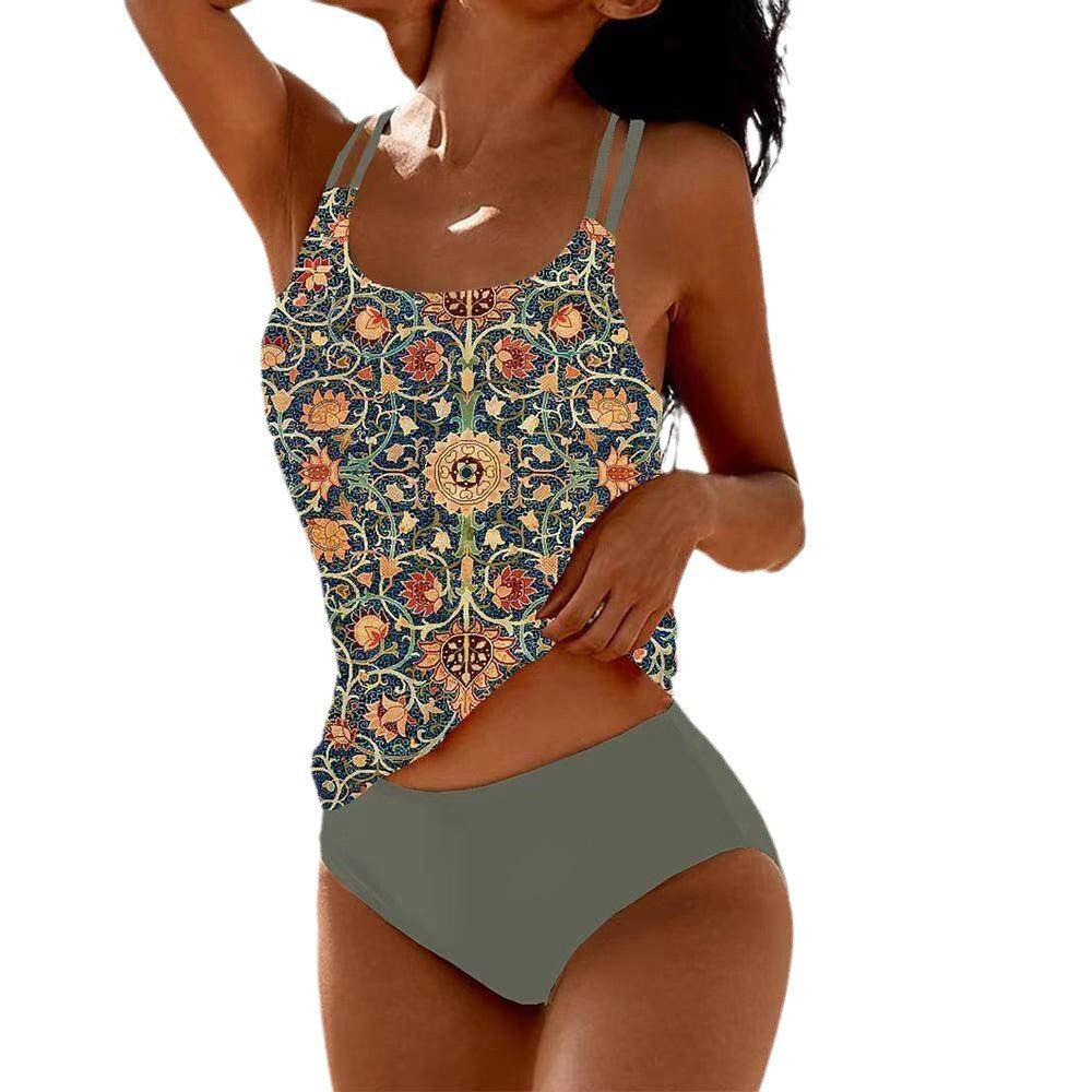 Digital Printed Shoulder Strap Tankini High Waist Triangle Pants Split Swimsuit for Women