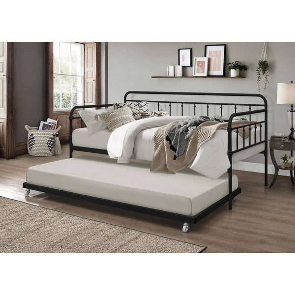 Twin size Black Rounded Iron Daybed with Roll Out Trundle Bed Frame
