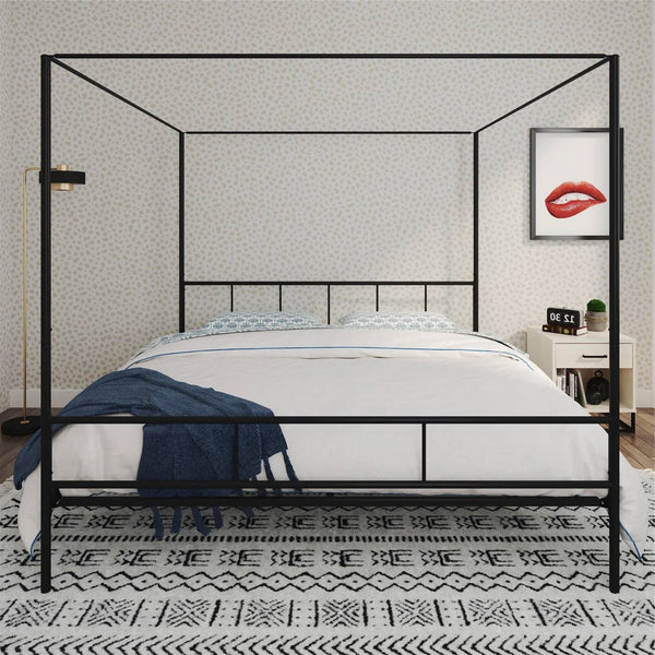 King size Black Metal Canopy Bed Frame with Headboard and Footboard