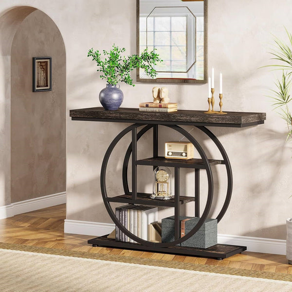 Modern 41-inch Circular Base Foyer Entryway Table with Black Wood Finish Shelves