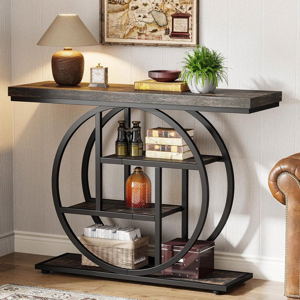 Modern 41-inch Circular Base Foyer Entryway Table with Black Wood Finish Shelves