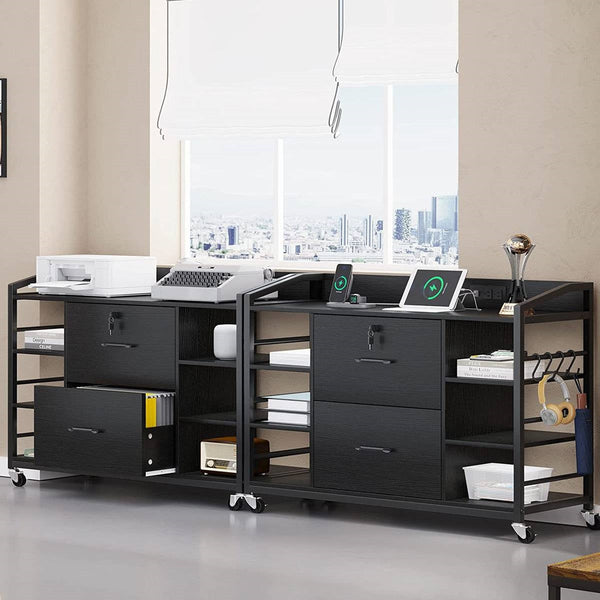Black Printer Stand Bookcase Power Station Mobile Office File Cabinet