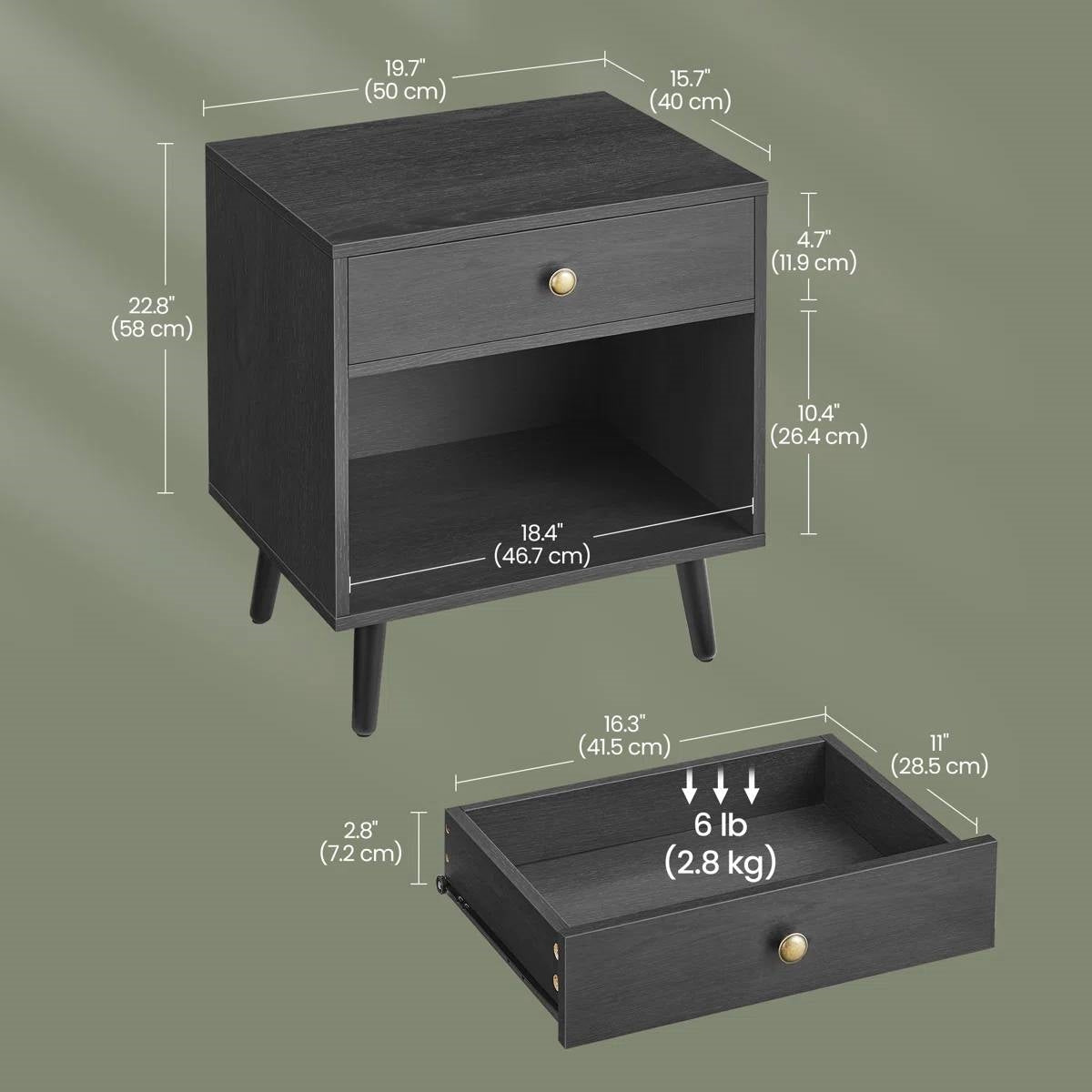 Mid-Century Farmhouse 1-Drawer Nightstand with Open Shelf in Black Wood Finish