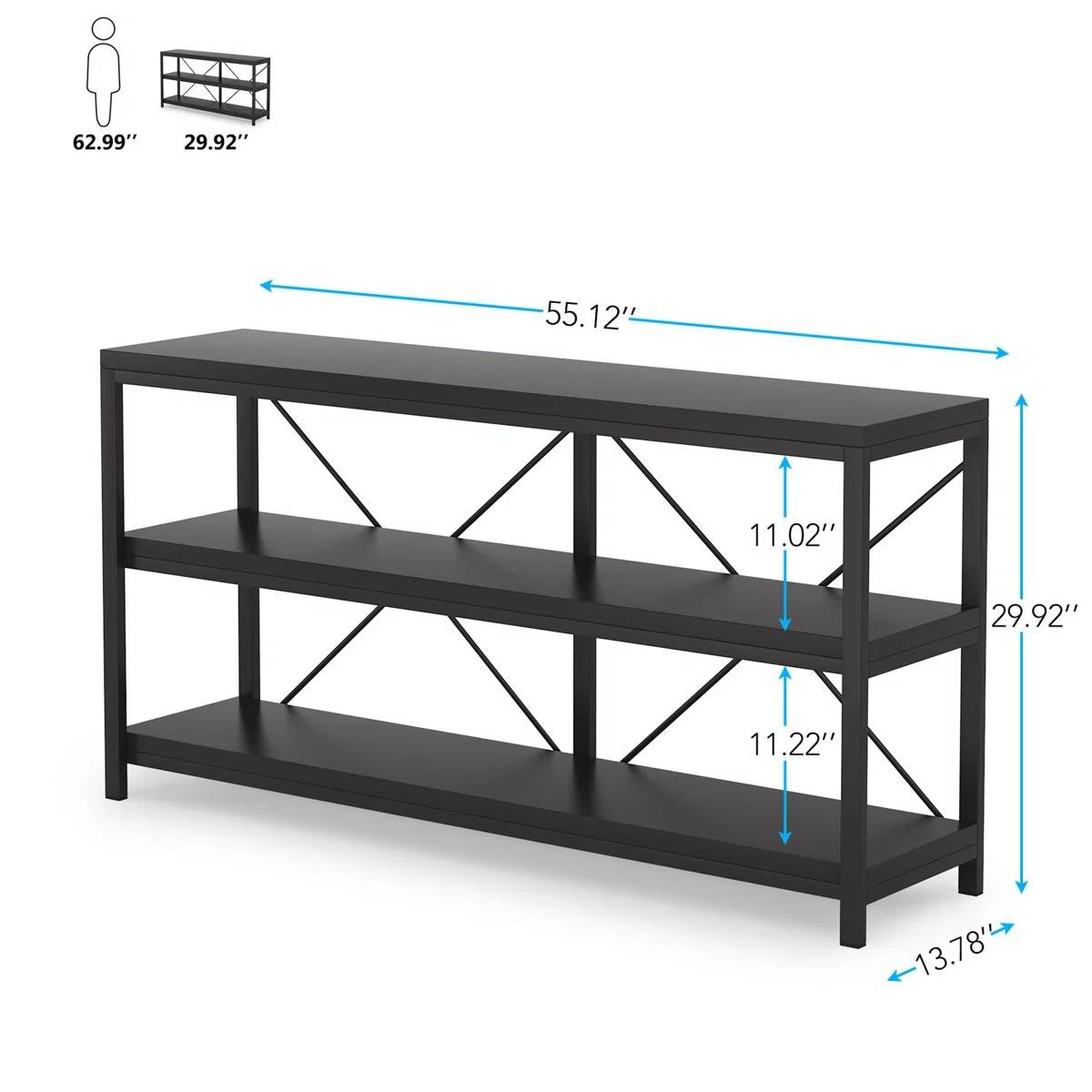 Industrial 55-inch Black Wood Shelf Sofa Table with Heavy Duty Metal Frame