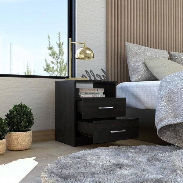 Modern 2-Drawer Nightstand End Table with Open Shelf in Black Wood Finish