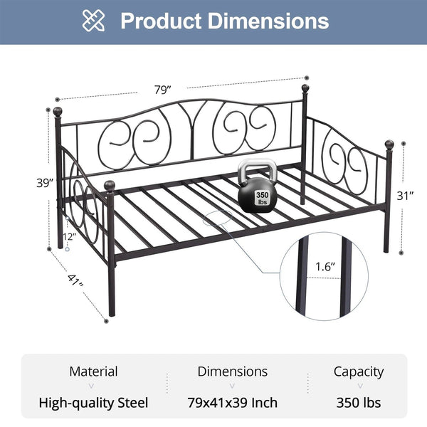 Twin size Victorian Black Metal Daybed Frame - 350 lbs. Weight Capacity