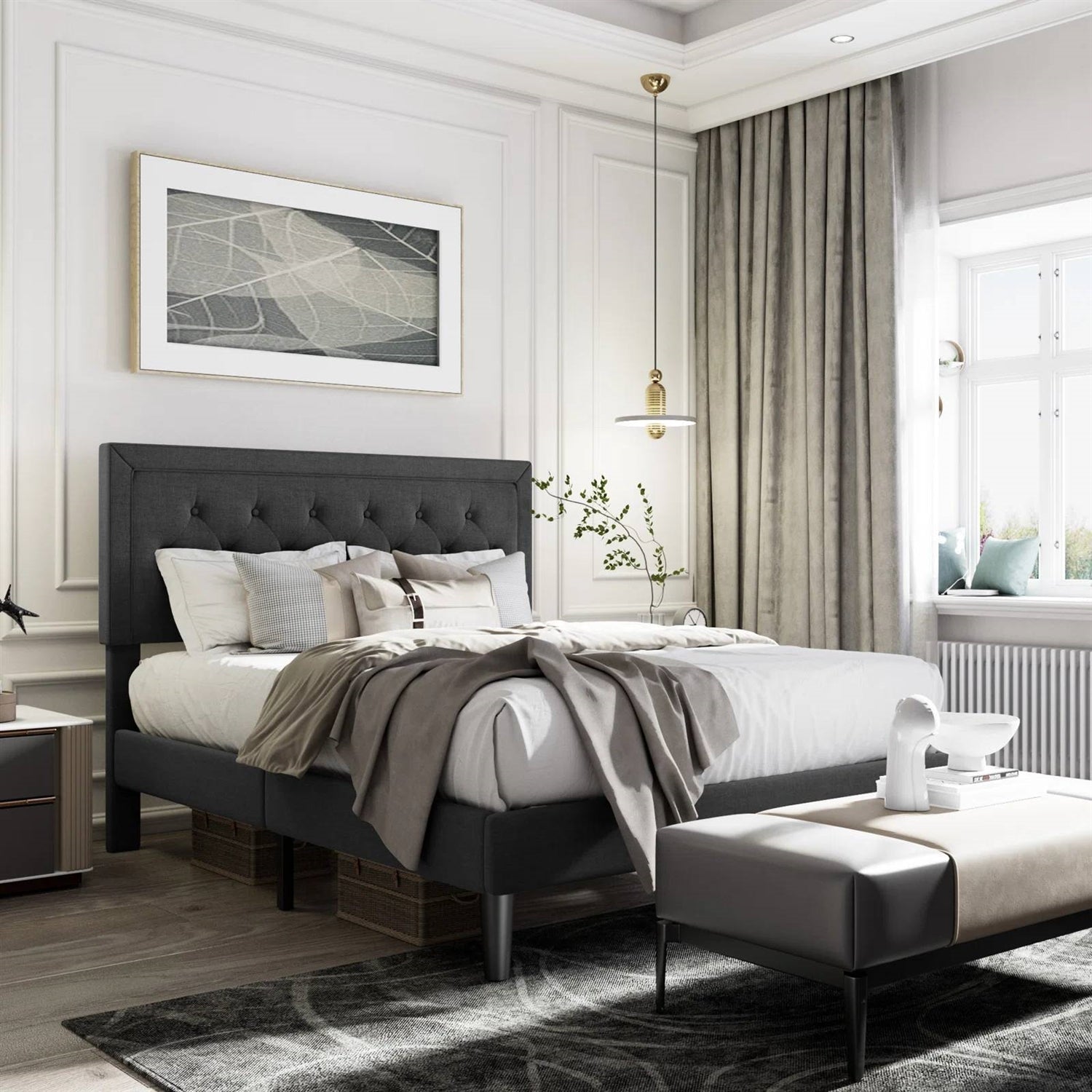 Queen Black Linen Upholstered Platform Bed Frame with Button-Tufted Headboard