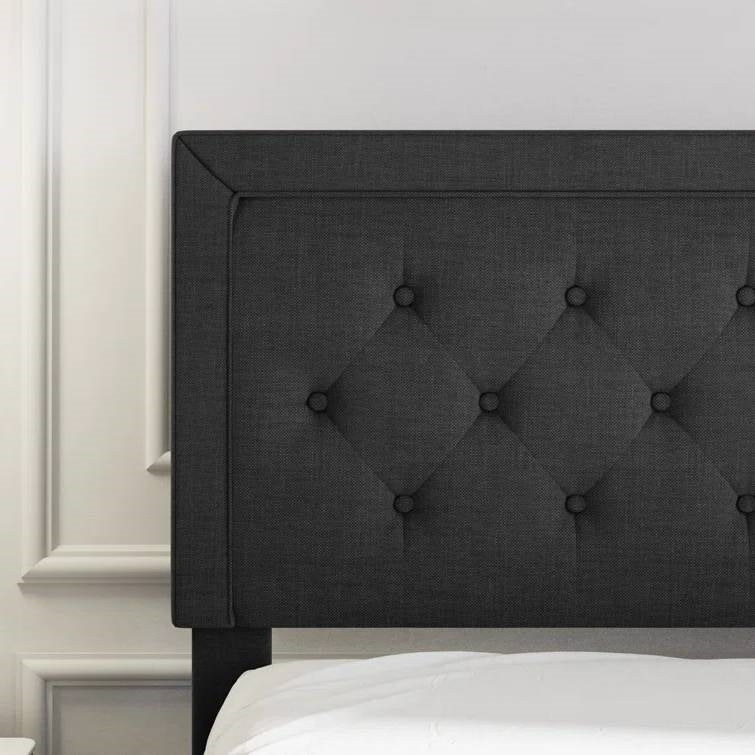 Queen Black Linen Upholstered Platform Bed Frame with Button-Tufted Headboard
